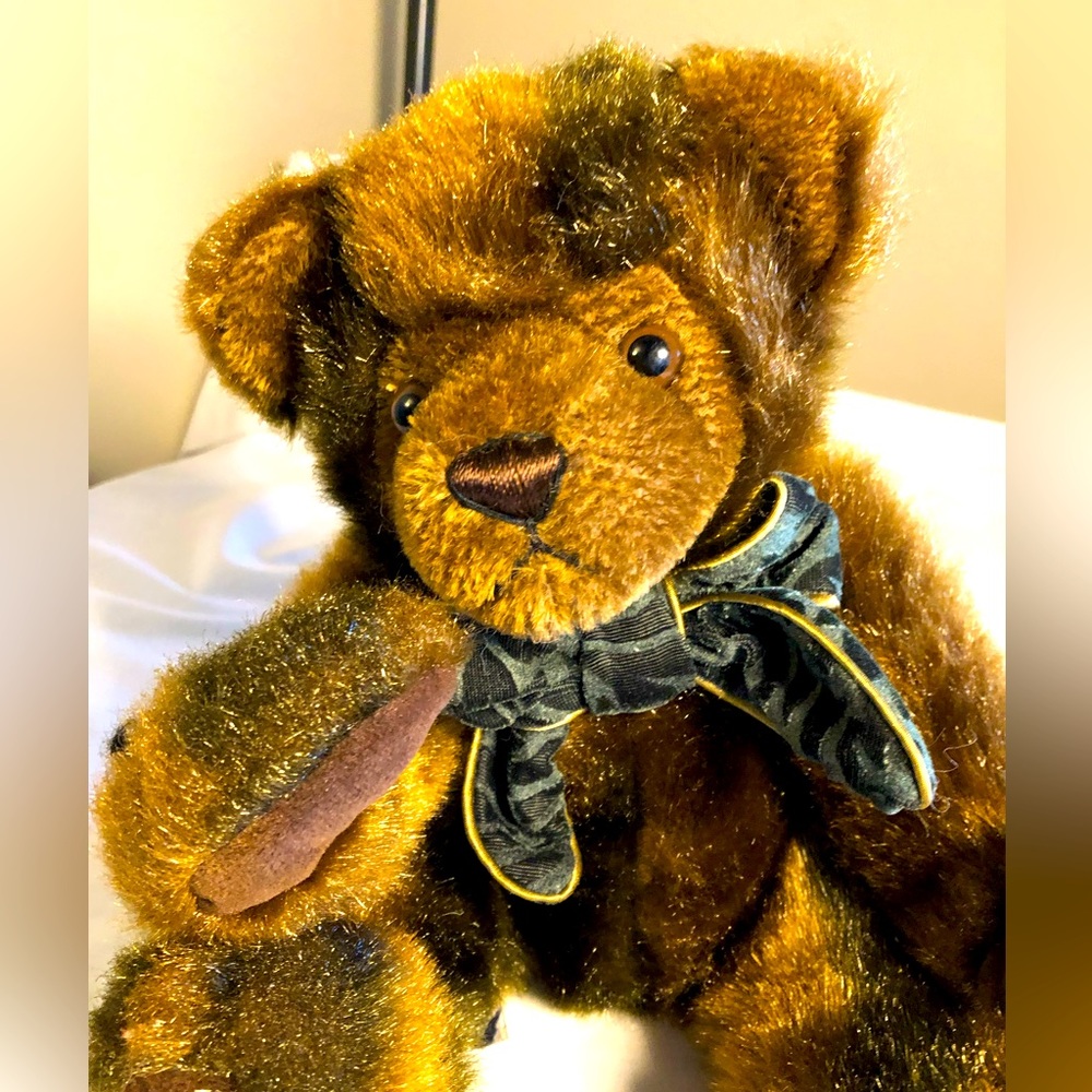 Brown Bear with green bow with gold piping